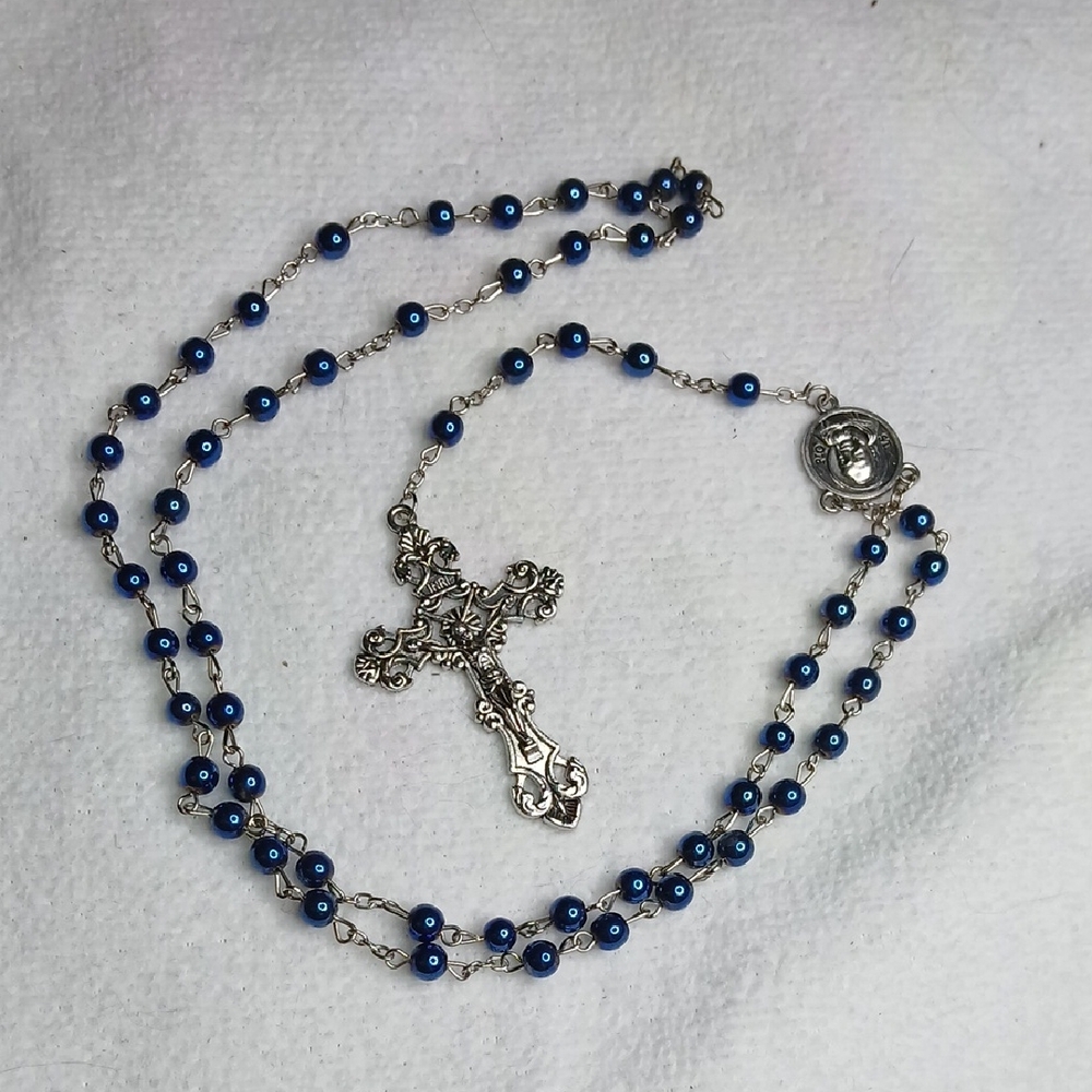 Vintage Rosary St Pio Metal Blue Beads and Silver Toned Necklace
